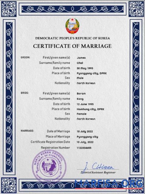 Downloadable North Korea marriage certificate PSD template
